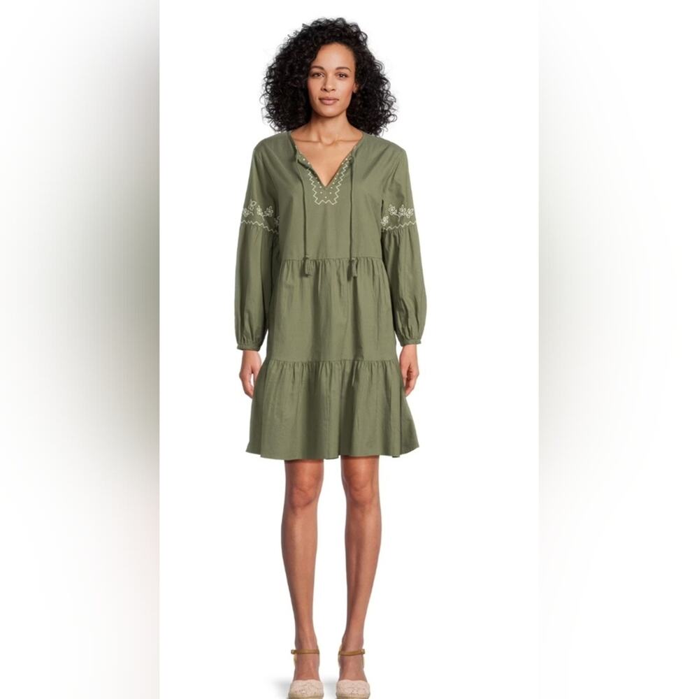 beachlunchlounge Green Embroidered Boho Long Sleeve Dress Sz. L #1964